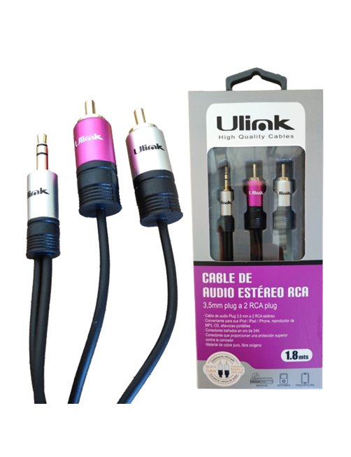 Cable de audio 3,5mm a 2 RCA de 1,8 mts de alta fidelidad, conectores dorados y presentación retail / mod. UL-PROAD352RC