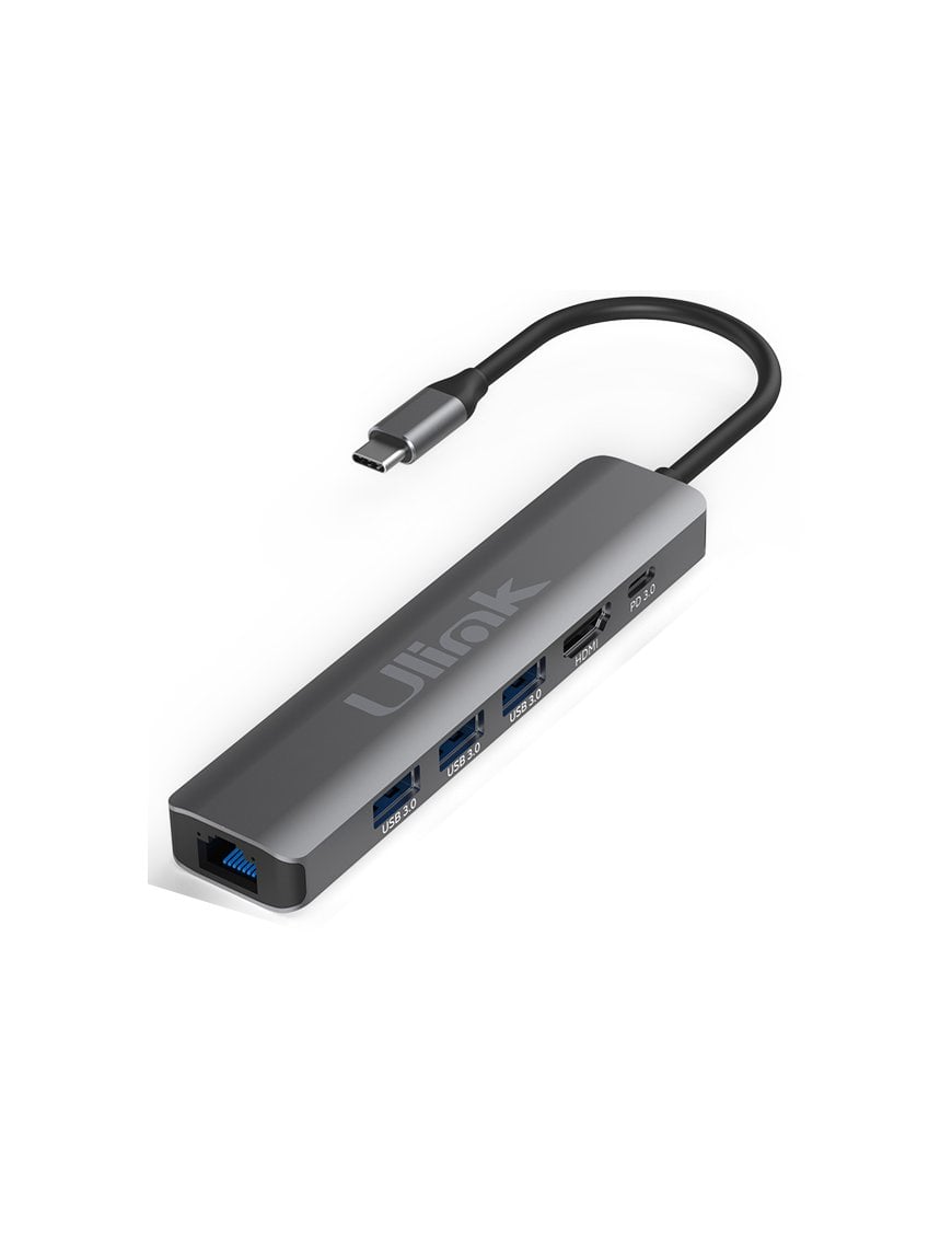 Adaptador multipuerto USB C 6 en 1 , HDMI*1, USB3.0*3, PD*1 , 10/100/1