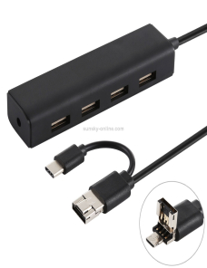 Convertidor-3-en-1-USB-C-Type-C-Micro-USB-4-puertos-USB-20-HUB-Longitud-del-cable-12-cm-Negro-PC9757B