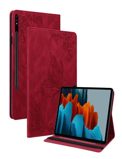 Para-Samsung-Galaxy-Tab-S9-Estuche-para-tableta-de-cuero-con-estampado-de-flores-de-mariposa-rojo-EDA005043302C