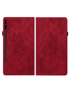 Para-Samsung-Galaxy-Tab-S9-Estuche-para-tableta-de-cuero-con-estampado-de-flores-de-mariposa-rojo-EDA005043302C