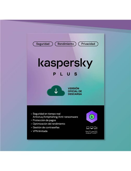 Licencia Antivirus Kaspersky Plus 1 dispositivo, 1 cuenta, 2 años, descargable KL1042DDADS